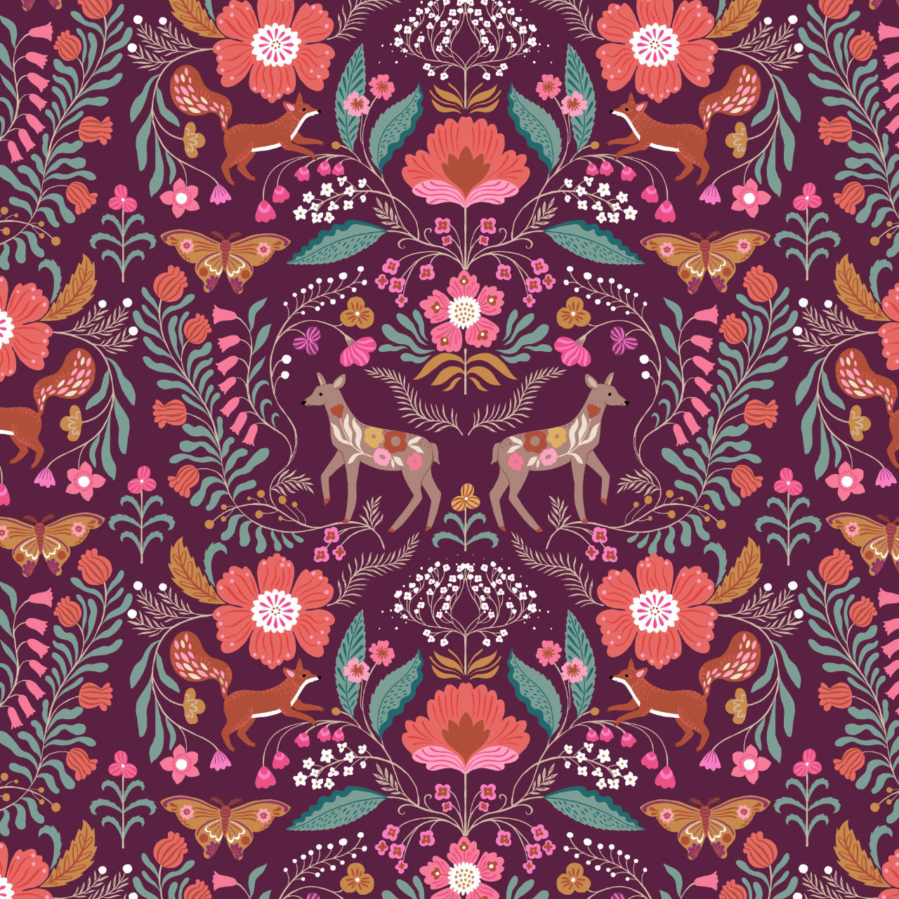 Deer Damask - Wild Folk - Dashwood Studio Cotton Fabric ✂️ £14 pm