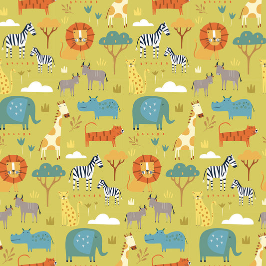 Jungle Animals on Kiwi Green - Habitat - Dashwood Studio Cotton Fabric ✂️ £9 pm *SALE*