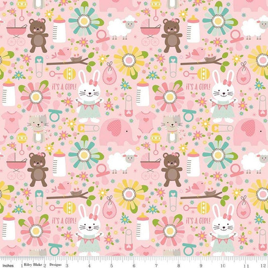 Teddy Bears & Flowers Baby Girl Main Pink - Sweet Baby Girl - Riley Blake Cotton Fabric ✂️ £9 pm *SALE*