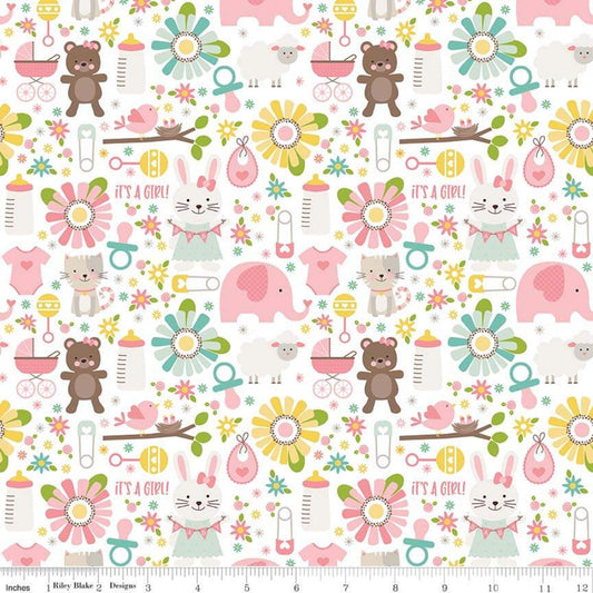 Teddy Bears & Flowers Baby Girl Main Mint - Sweet Baby Girl - Riley Blake Cotton Fabric ✂️