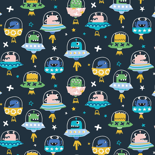 Navy Blue Spaceships - Blast Off - Dashwood Studio Cotton Fabric ✂️ £13 pm