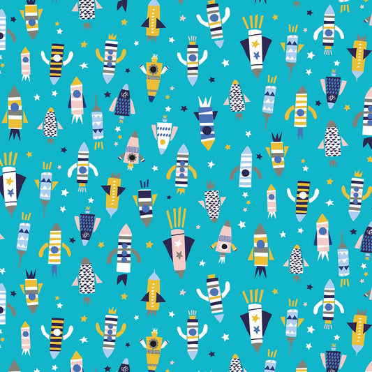 Turquoise Blue Rockets - Blast Off - Dashwood Studio Cotton Fabric ✂️ £13 pm