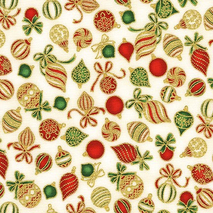 Gold Metallic Baubles Cream - Holiday Charms - Robert Kaufman Cotton Fabric ✂️ £14 pm