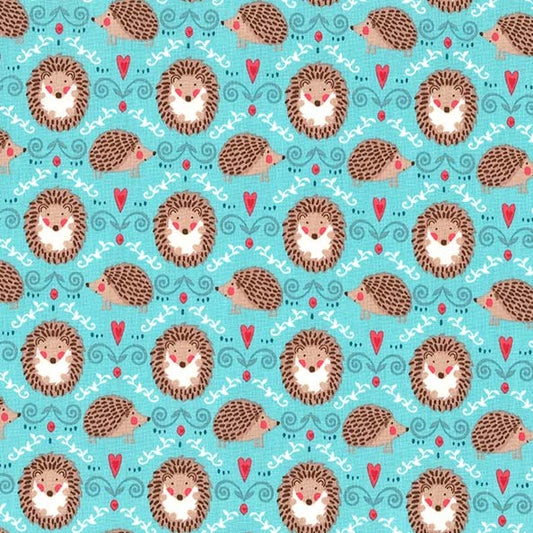 Hedgehogs and Hearts on Turquoise - Hedge A Little Closer - Michael Miller Cotton Fabric