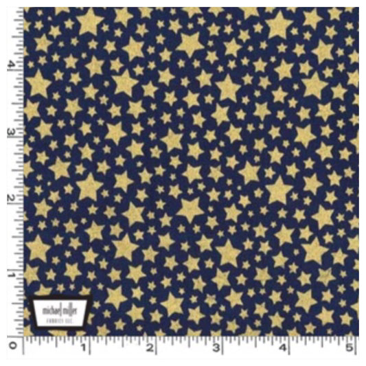Navy Blue Gold Metallic Stars - Starbright by Michael Miller 100% Cotton Fabric or Fabric Felt - Rosie's Craft Shop Ltd