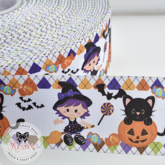 Witches & Kitties in Pumpkins Halloween Printed Grosgrain Ribbon - Rosie's Craft Shop Ltd