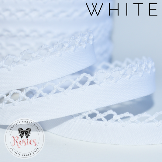 12mm White Plain Pre-Folded Bias Binding with Scallop Lace Edge - Rosie's Craft Shop Ltd