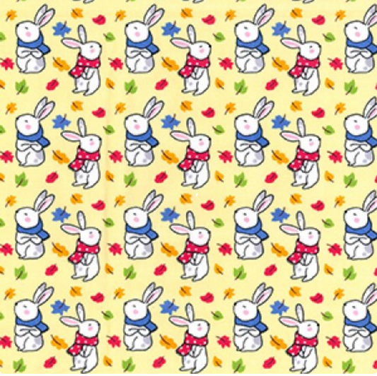 Little Bunnies in Scarves on Lemon 100% Cotton Fabric - Rosie's Craft Shop Ltd