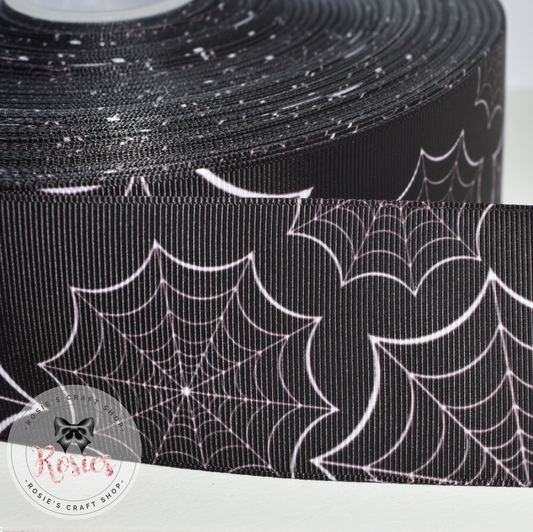 Black Spider Web Halloween Printed Grosgrain Ribbon - Rosie's Craft Shop Ltd