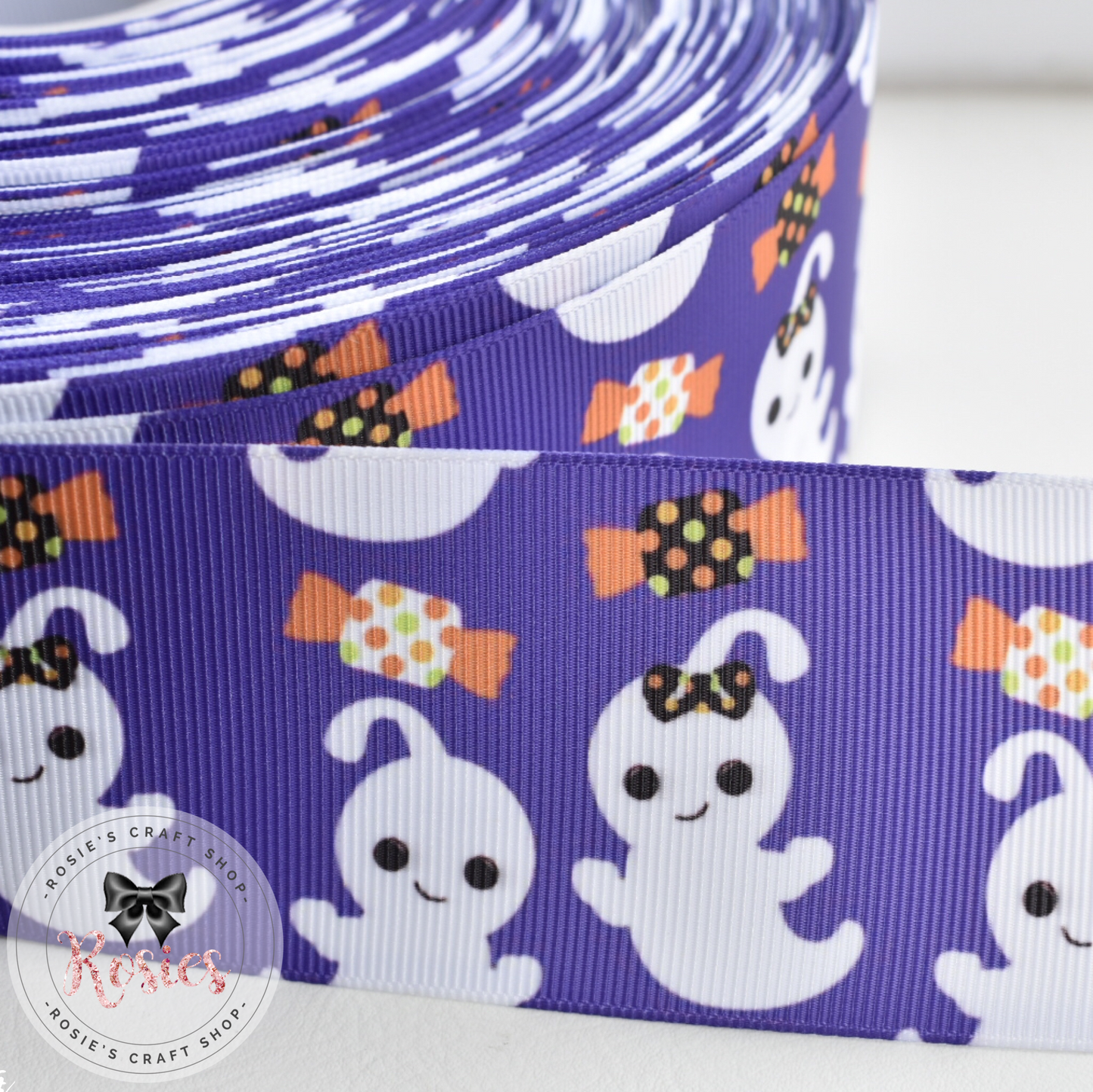 Cute Ghosts on Purple Halloween Printed Grosgrain Ribbon - Rosie's Craft Shop Ltd