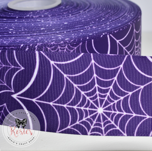 Purple Spider Web Halloween Printed Grosgrain Ribbon - Rosie's Craft Shop Ltd