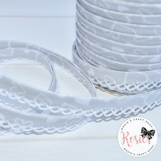 12mm Grey with White Hearts Pre-Folded Bias Binding with Scallop Lace Edge - Rosie's Craft Shop Ltd