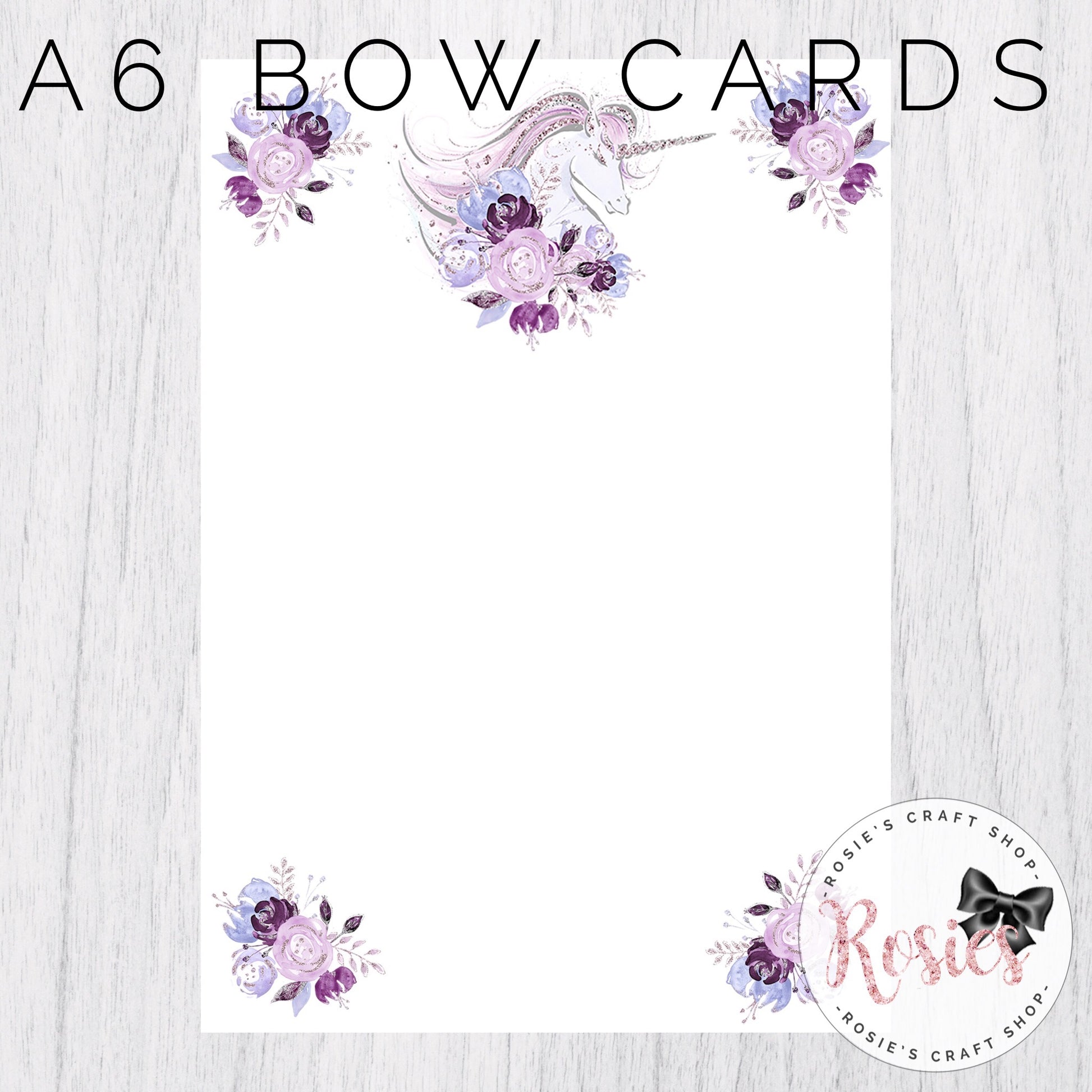 A6 Purple Unicorn Printed Display Cards - Rosie's Craft Shop Ltd