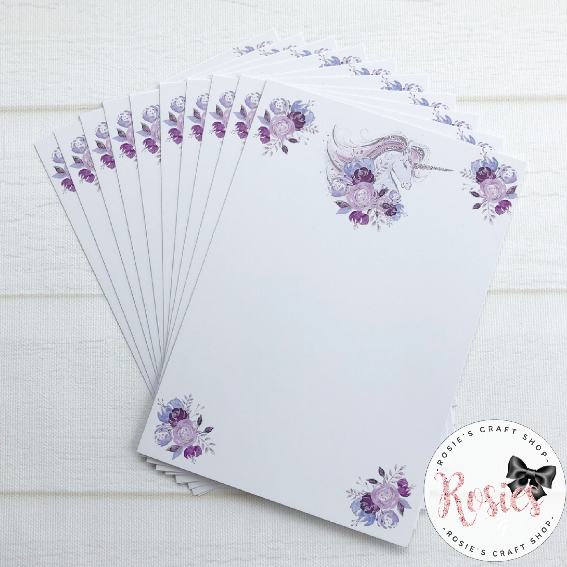 A6 Purple Unicorn Printed Display Cards - Rosie's Craft Shop Ltd